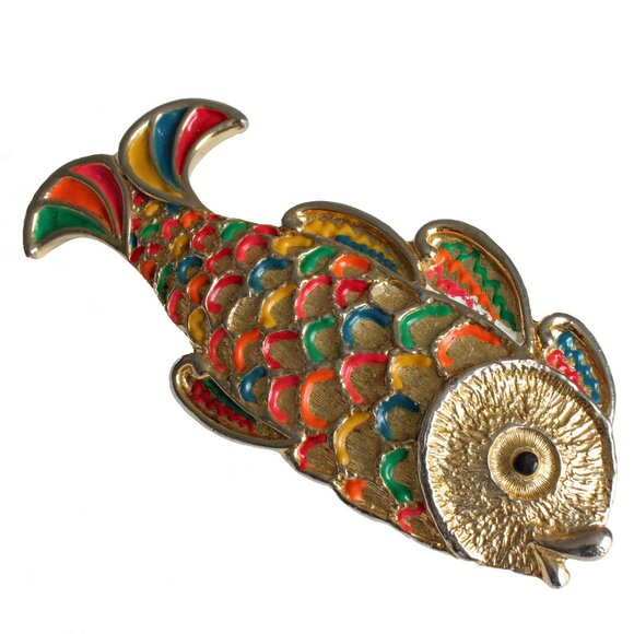 Mimi D In Koi Fish Belt Buckle Gold Metal Enamel Oversized Rare Vintage - Picture 2 of 11